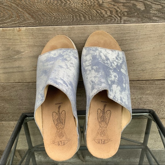 Fly London Wigg Sandal Blue Silver Platform Wedge Slide Shoe Women’s Sz 40 US 9 - Picture 3 of 11